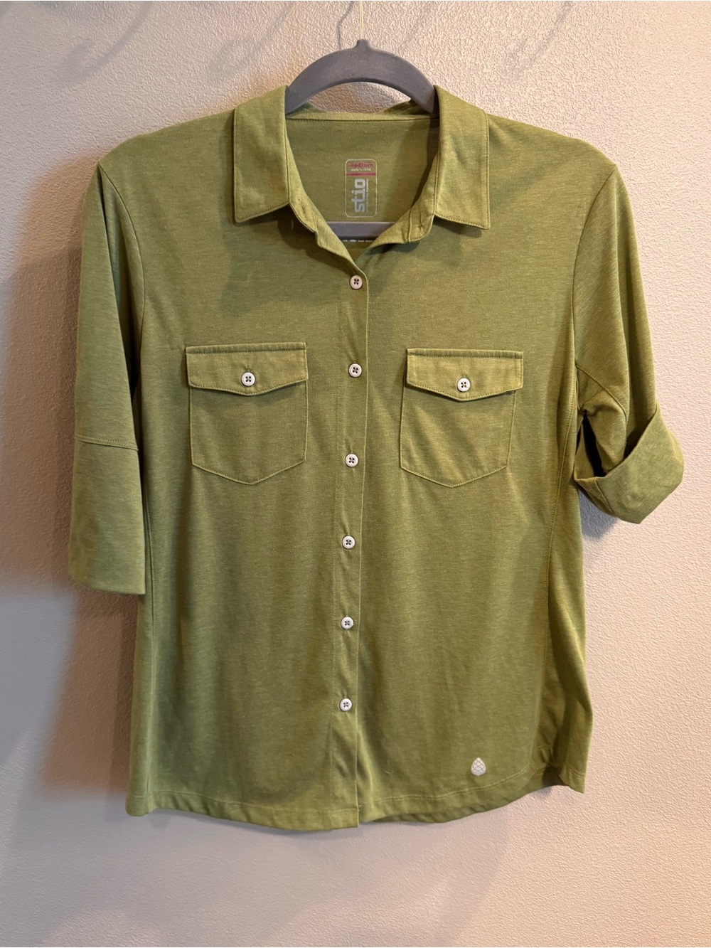 Stio Olive Green Collared Double Pocket Roll Tab Knit Top